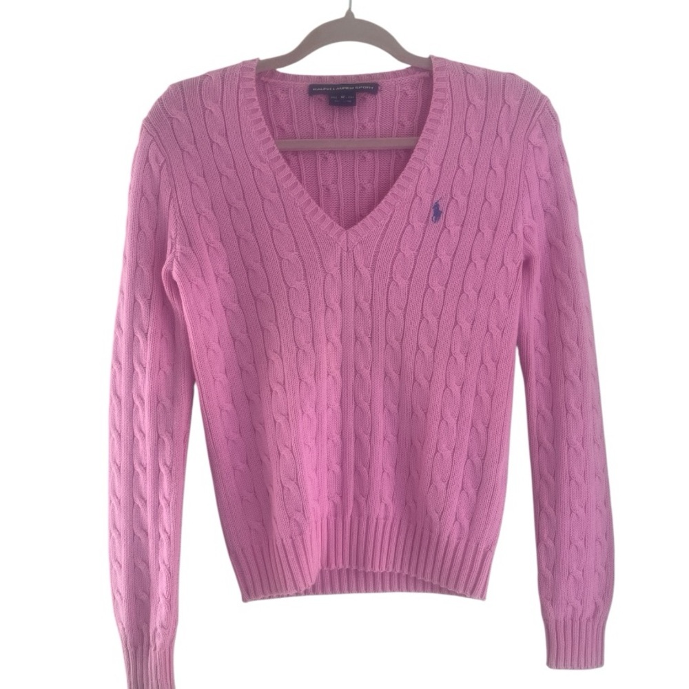 Ralph Lauren classic sport pink cable knit logo sweater slim fit size medium